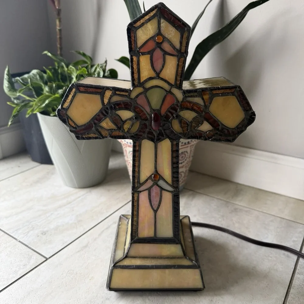 River of Goods Tiffany Style Genuine Art Glass Cross Accent‎ Lamp Night Light